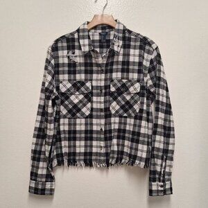 NWT Black & White Plaid Crop Button Down  Shirts , Frayed Hem,  Size L